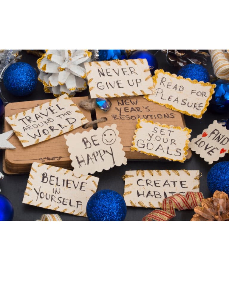 Various new year's resolutions written on sticky notes