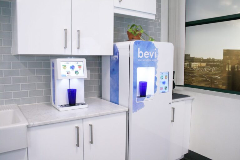 Countertop and Standup Bevi machines next to each other in an office kitchen