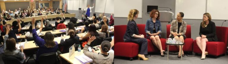 Collage of people sitting and talking at a conference
