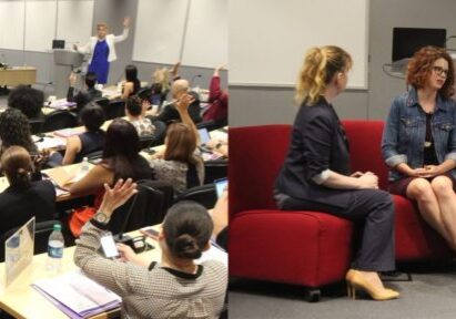 Collage of people sitting and talking at a conference