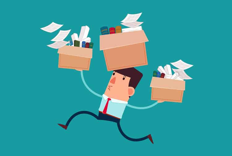 Cartoon man juggling boxes full of books