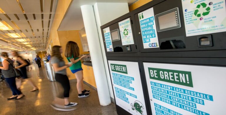 Recycling bins in a college cafeteria