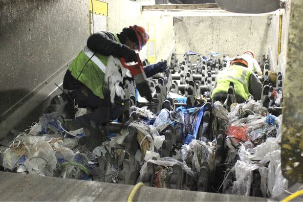 Plastic bags stuck in recycling machinery