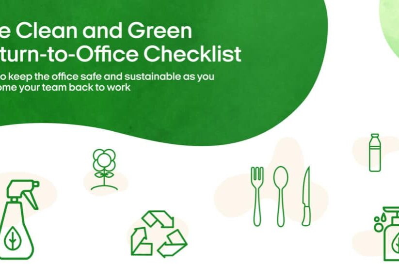 Drawings of cleaning products, kitchen utensils, and the recycling symbol