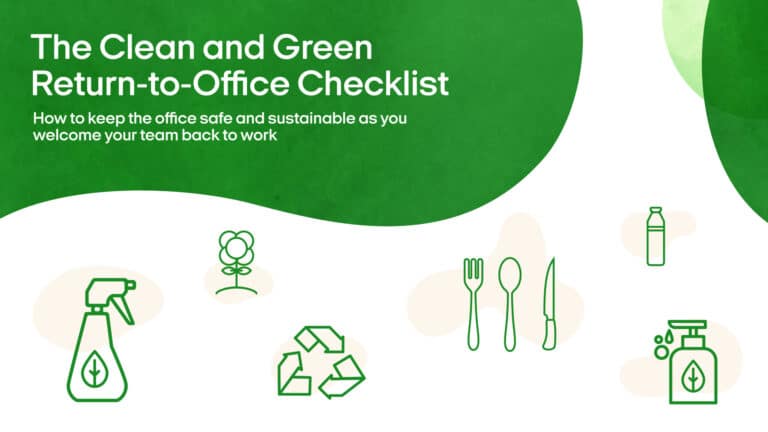 Drawings of cleaning products, kitchen utensils, and the recycling symbol